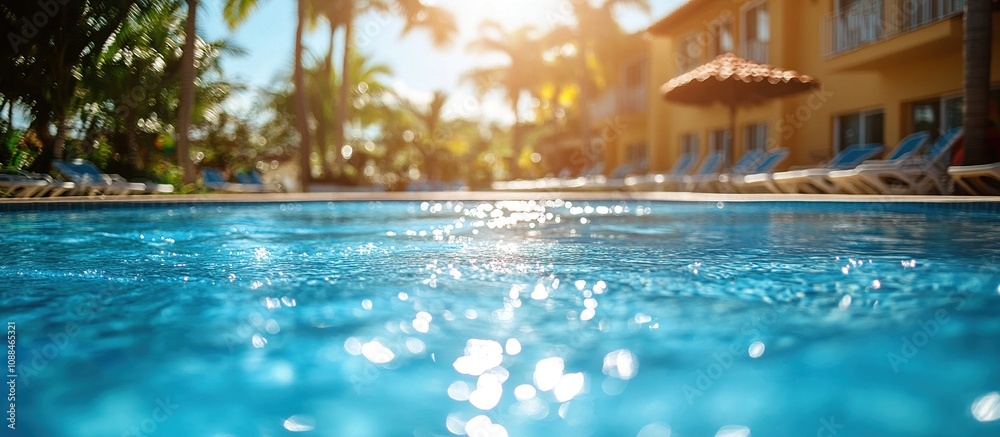 A serene swimming pool scene surrounded by palm trees and sunlight. A serene swimming pool scene surrounded by palm trees and sunlight.