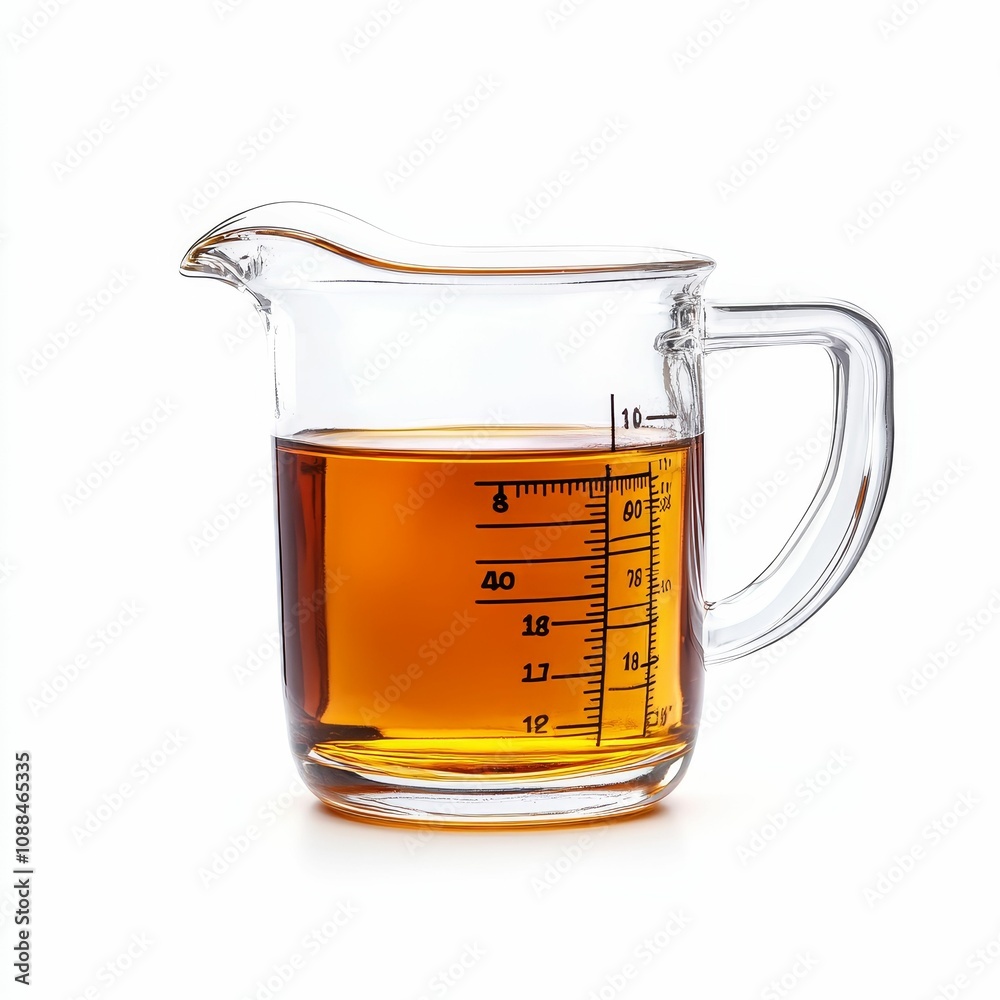 A glass measuring cup filled with liquid. A glass measuring cup filled with liquid.