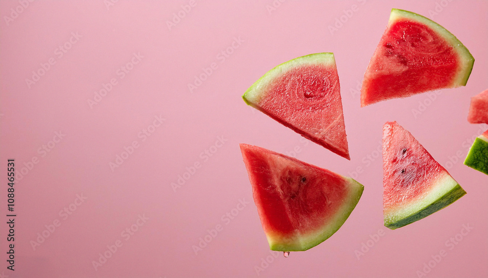 Slices of fresh juicy watermelon falling on pink background. ai generated Slices of fresh juicy watermelon falling on pink background. ai generated