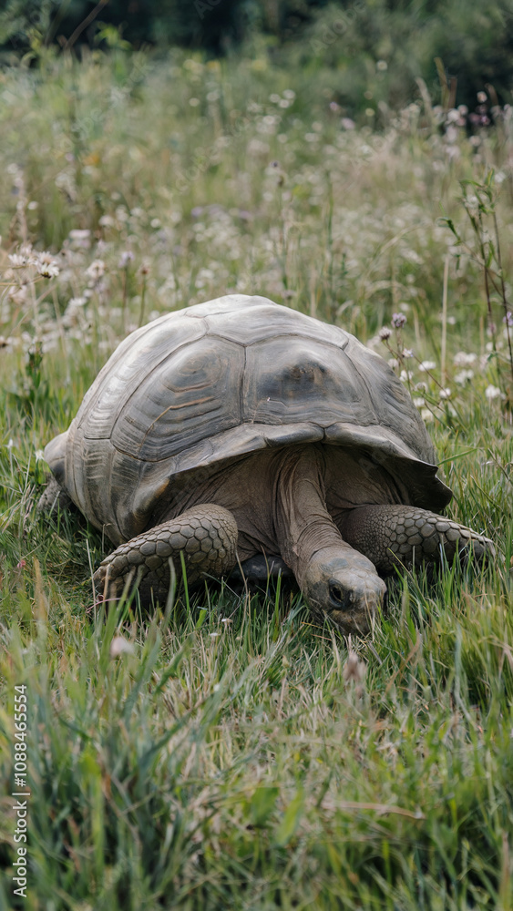 Fototapeta premium Large tortoise is laying in the grass