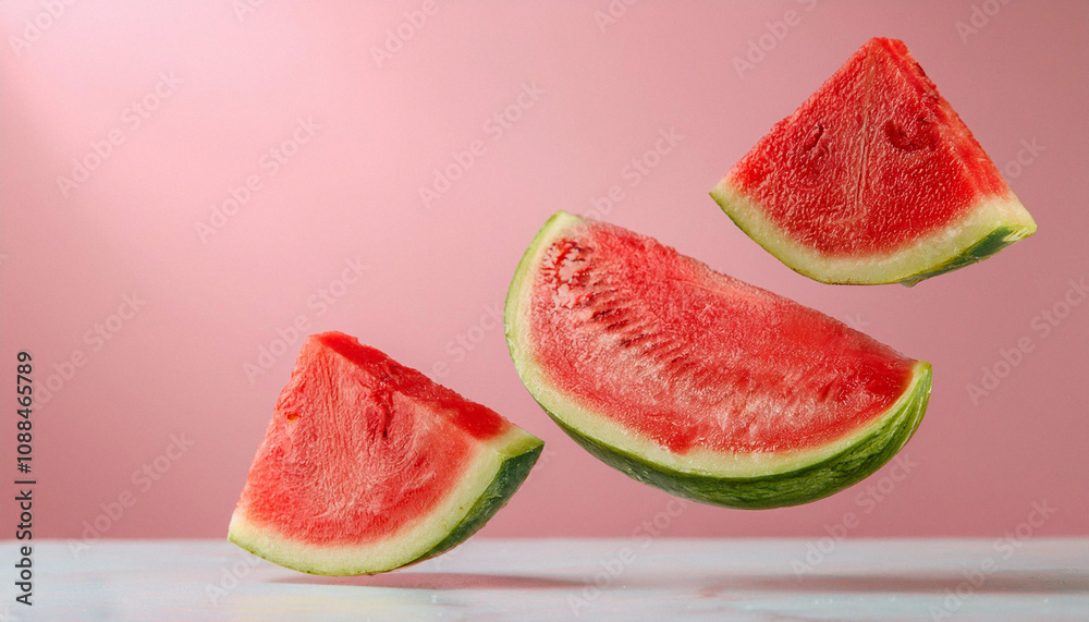Slices of fresh juicy watermelon falling on pink background. ai generated Slices of fresh juicy watermelon falling on pink background. ai generated