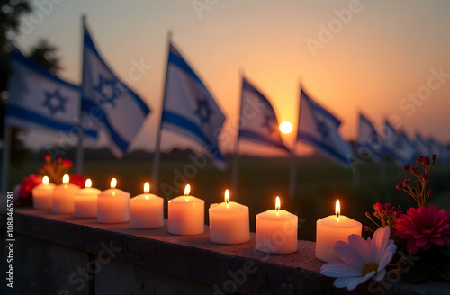 The flag of Israel and burning candles in the foreground. Israel's Independence Day. Patriotic holiday. Memorial Day - Yom Hazikaron. The concept of the holiday Yom Ha'atzmaut. Horizontal banner. Copy