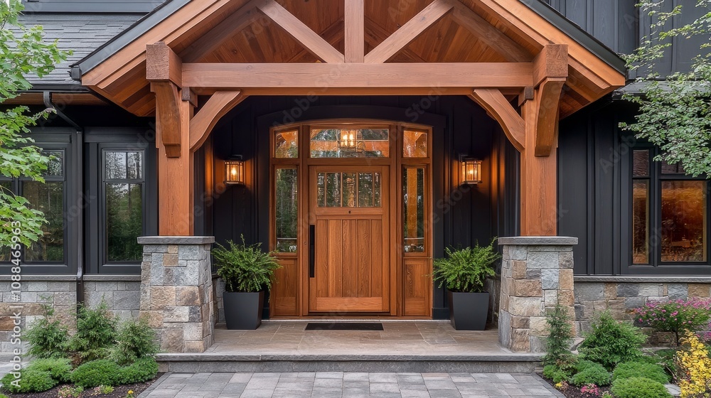 Luxurious entrance blending rustic farmhouse elements like timber beams with sleek modern decor and a grand wooden door. Luxurious entrance blending rustic farmhouse elements like timber beams with sleek modern decor and a grand wooden door.
