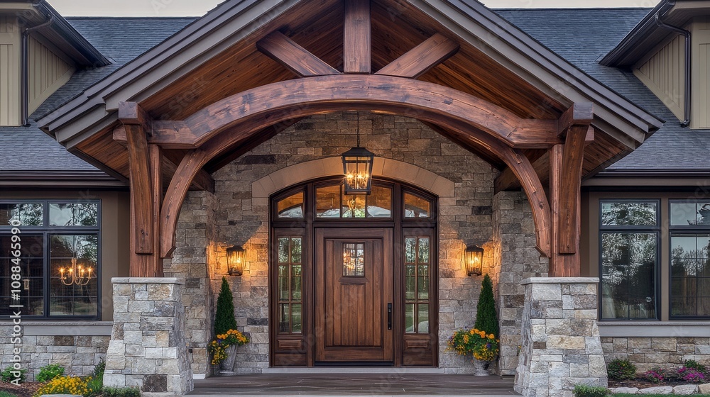 Luxurious entrance blending rustic farmhouse elements like timber beams with sleek modern decor and a grand wooden door. Luxurious entrance blending rustic farmhouse elements like timber beams with sleek modern decor and a grand wooden door.