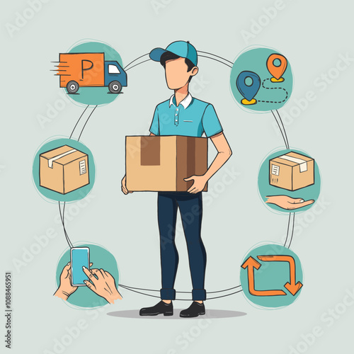 delivery, person, courier, illustration, cardboard, box, package, service, worker, minimalist, design, orange, polo, shirt, cap, casual, uniform, modern, parcel, carrier, corporate, character, profess