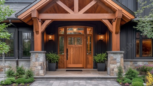 Luxurious entrance blending rustic farmhouse elements like timber beams with sleek modern decor and a grand wooden door.
