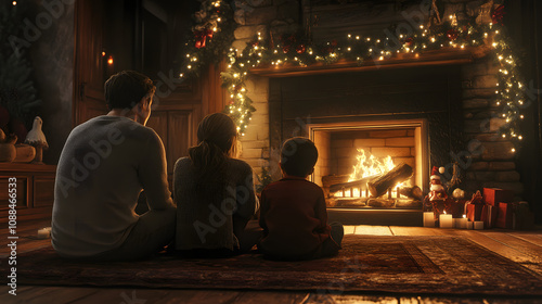 Woman and child gather around a fireplace, celebrating Christmas with family and friends