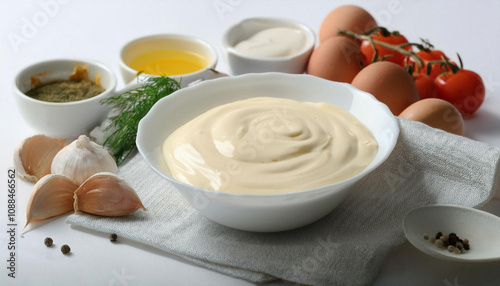 Tasty mayonnaise sauce in bowl, ingredients and spices on white table, closeup. ai generated