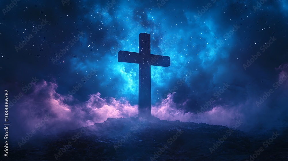 Dual exposure of a Christian cross combined with a starry sky, the stars forming a delicate pattern within the silhouette, soft blue and purple tones, peaceful and celestial vibe, Dual exposure of a Christian cross combined with a starry sky, the stars forming a delicate pattern within the silhouette, soft blue and purple tones, peaceful and celestial vibe,