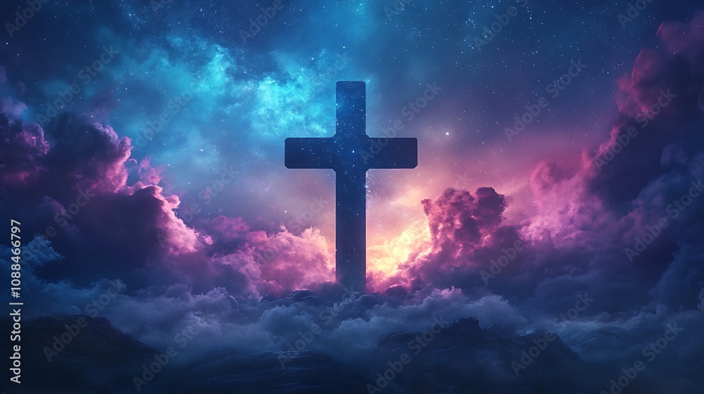 Dual exposure of a Christian cross combined with a starry sky, the stars forming a delicate pattern within the silhouette, soft blue and purple tones, peaceful and celestial vibe, Dual exposure of a Christian cross combined with a starry sky, the stars forming a delicate pattern within the silhouette, soft blue and purple tones, peaceful and celestial vibe,