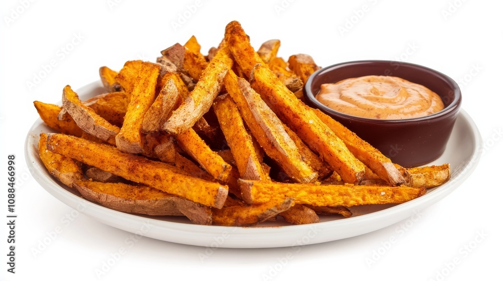 A plate of crispy sweet potato fries seasoned with paprika and served with a side of chipotle mayo, Each fry golden and bursting with flavor A plate of crispy sweet potato fries seasoned with paprika and served with a side of chipotle mayo, Each fry golden and bursting with flavor