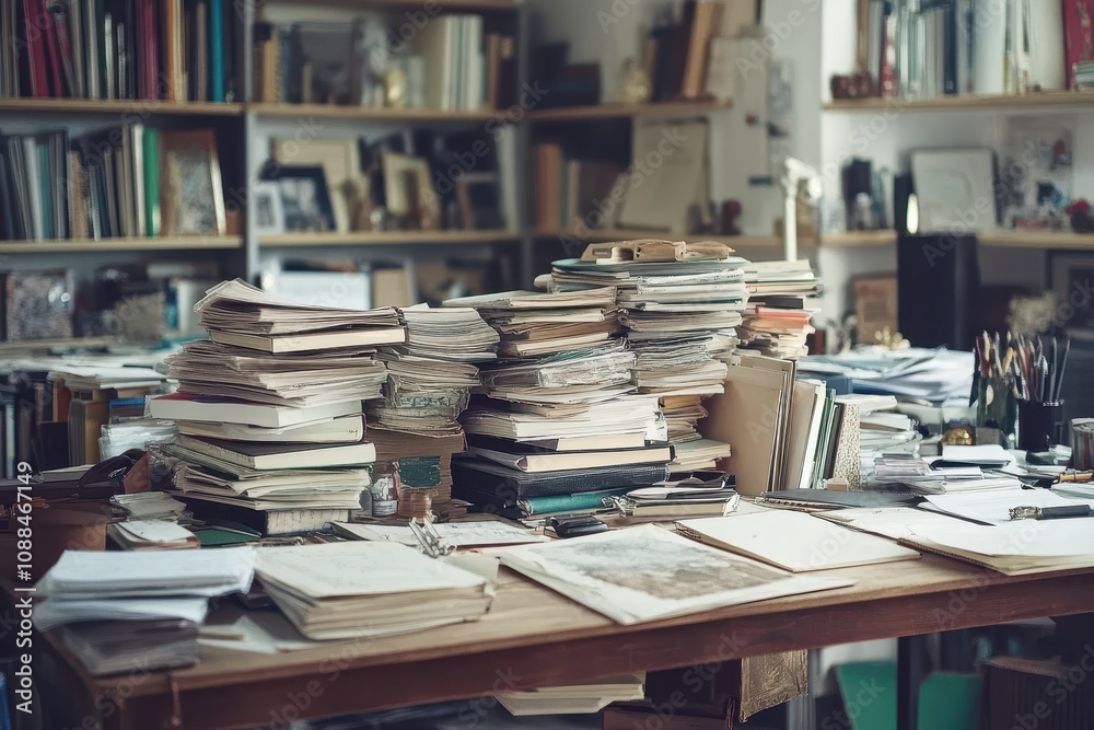 Overwhelmed desk with stacks of papers. Illustrates stress, procrastination, or a busy work life. Overwhelmed desk with stacks of papers. Illustrates stress, procrastination, or a busy work life.