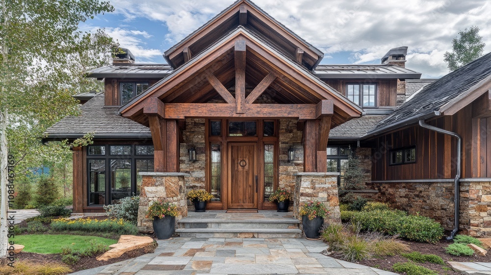 Rustic-modern entrance with wooden door, timber beams, and stylish accents, creating an inviting yet upscale atmosphere. Rustic-modern entrance with wooden door, timber beams, and stylish accents, creating an inviting yet upscale atmosphere.