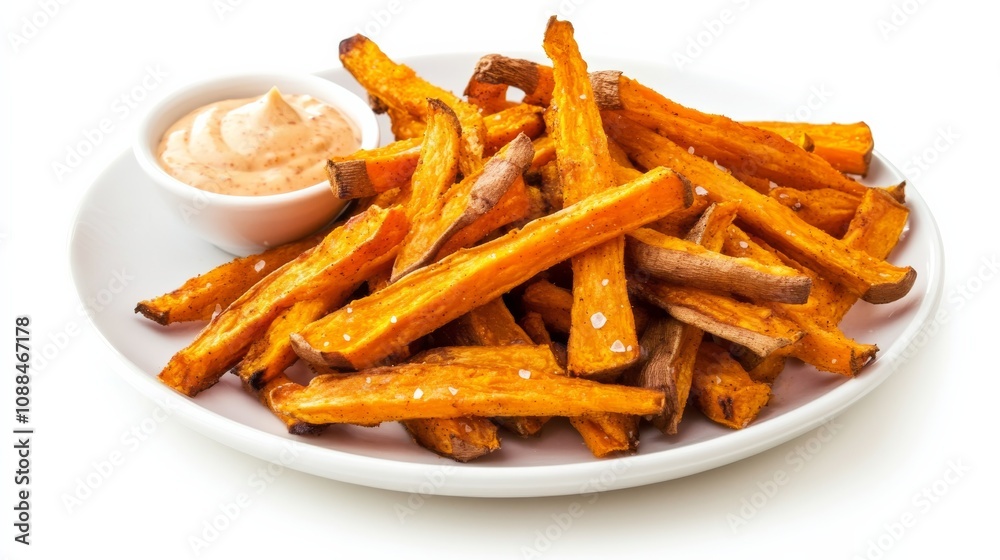 A plate of crispy sweet potato fries seasoned with smoked paprika and sea salt, served with a side of sriracha aioli, Each fry golden and crunchy on the outside A plate of crispy sweet potato fries seasoned with smoked paprika and sea salt, served with a side of sriracha aioli, Each fry golden and crunchy on the outside