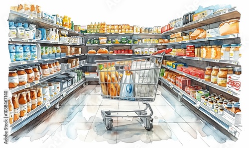 Nestled in a dimly lit supermarket aisle, a shopping cart holds only bread, milk, and eggs, illustrating the growing challenges of affordability amid limited selections on the shelves