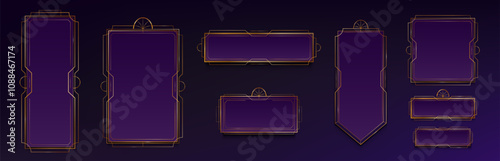 Digital game interface elements - purple rectangular frames with gold art deco borders. Vertical banners, horizontal bars, square panels with thin line for menu screens, notifications or achievements.