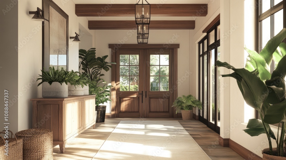 Obraz premium Spacious and elegant entry hall with timber beams, a large wooden door, and stylish decor for a modern farmhouse ambiance.