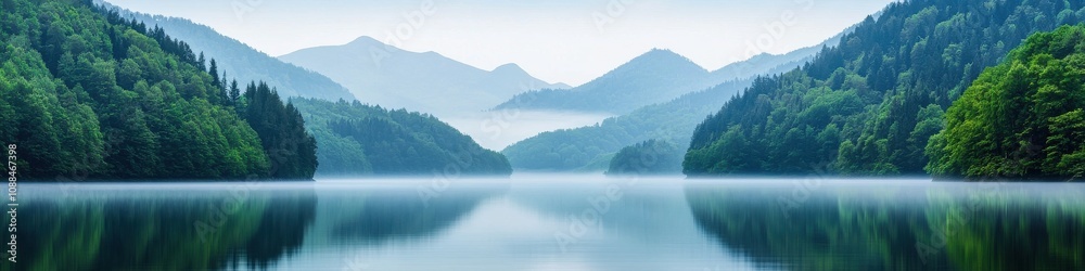 Misty fog over tranquil lake serene mountain landscape nature photography peaceful environment Misty fog over tranquil lake serene mountain landscape nature photography peaceful environment