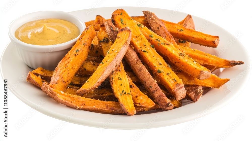 A plate of crispy sweet potato fries with a side of honey mustard dipping sauce, Each fry’s golden-brown exterior and fluffy interior captured with precision A plate of crispy sweet potato fries with a side of honey mustard dipping sauce, Each fry’s golden-brown exterior and fluffy interior captured with precision