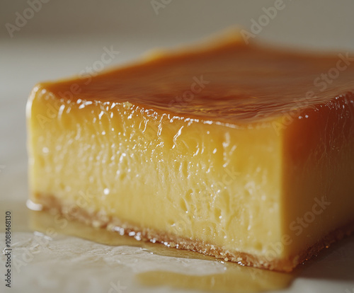 close up of a piece of cake, tall caramel flan, must be toller than this, glistening with syrup, soft and creamy texture