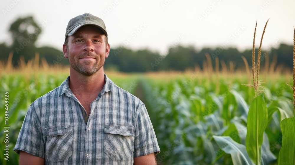 Portrait of a handsome farmer in a corn field, highlighting the connection between agriculture and nature, with an emphasis on the farmers dedication amidst lush corn crops. Copy space available. Portrait of a handsome farmer in a corn field, highlighting the connection between agriculture and nature, with an emphasis on the farmers dedication amidst lush corn crops. Copy space available.