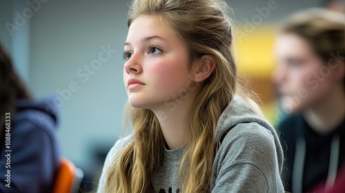 Female student engaging in a college class setting, focused on learning and participating. The image captures a female student actively engaged, providing ample copy space.