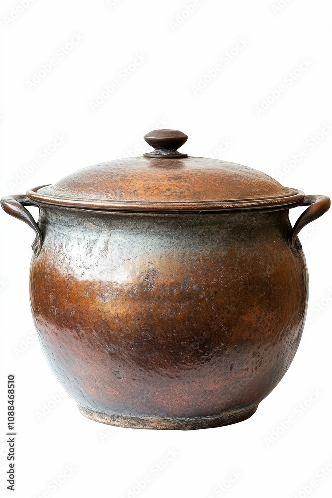 Antique copper pot with lid and handles. Antique copper pot with lid and handles.