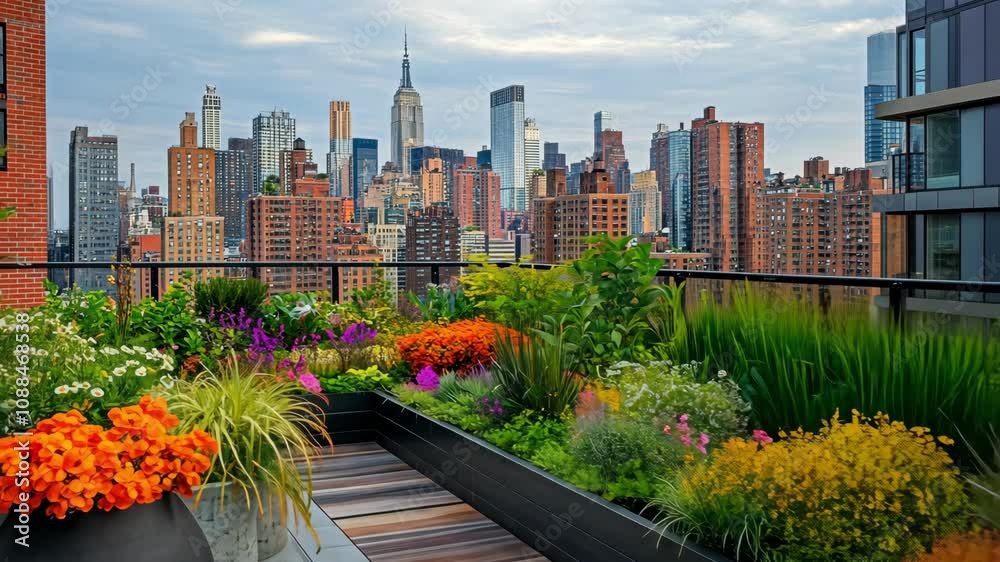 A colorful rooftop garden showcases a variety of blooming flowers and lush greenery, offering breathtaking views of the New York City skyline during a serene afternoon. A colorful rooftop garden showcases a variety of blooming flowers and lush greenery, offering breathtaking views of the New York City skyline during a serene afternoon.