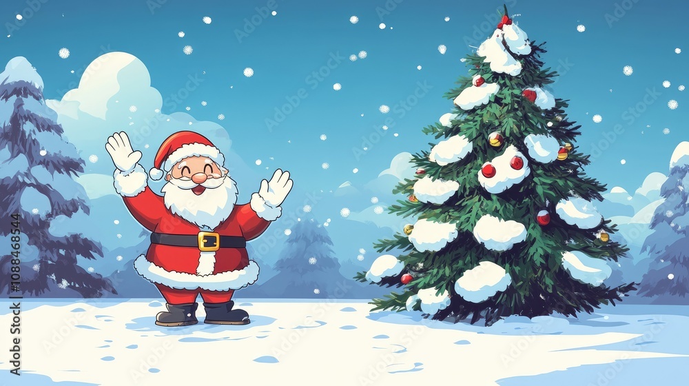Obraz premium Joyful Santa Claus Celebrating Christmas with a Snowy Tree in a Winter Wonderland, Spreading Holiday Cheer in a Festive Atmosphere, Perfect for Seasonal Decorations