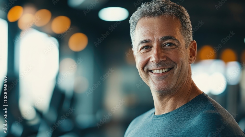 Obraz premium Smiling mature man exercising at the gym, embodying fitness and vitality. This photo captures a cheerful atmosphere with ample space for text or branding elements.