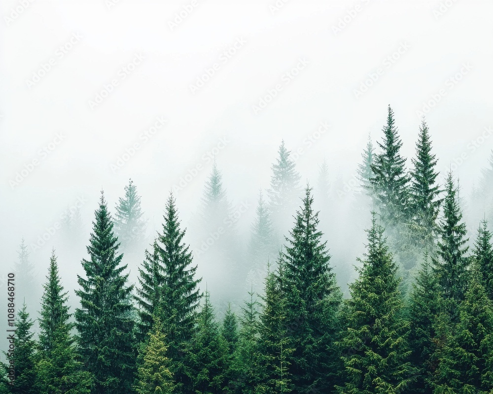 Fototapeta premium Misty pines in foggy forest nature landscape photography tranquil environment aerial view