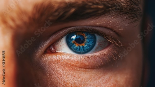 A captivating close-up of a male eye reveals intricate details and vivid colors, providing an opportunity to explore the beauty of the male eye with ample copy space.