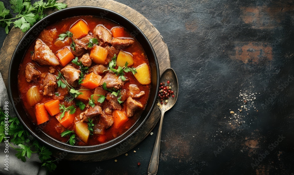 Stew with meat and vegetables on rustic background Stew with meat and vegetables on rustic background
