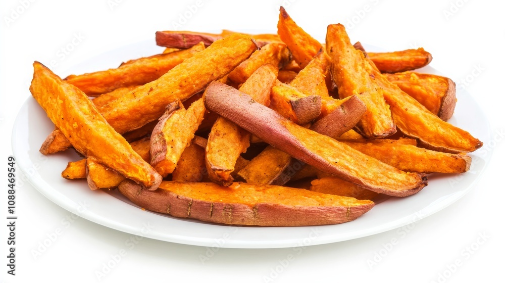 A plate of crispy sweet potato fries with golden-brown sweet potato wedges, Each fry’s crispy exterior and soft interior captured with precision A plate of crispy sweet potato fries with golden-brown sweet potato wedges, Each fry’s crispy exterior and soft interior captured with precision
