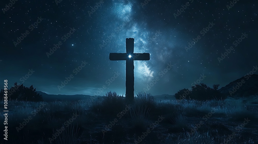 Dual exposure of a Christian cross merged with a starry night sky, the silhouette of the cross filled with the Milky Way, bright stars twinkling against a deep blue-black sky, Dual exposure of a Christian cross merged with a starry night sky, the silhouette of the cross filled with the Milky Way, bright stars twinkling against a deep blue-black sky,