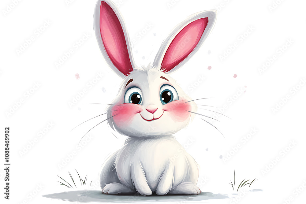 Obraz premium A cute, cartoon-style rabbit with big eyes and pink ears, sitting on grass.
