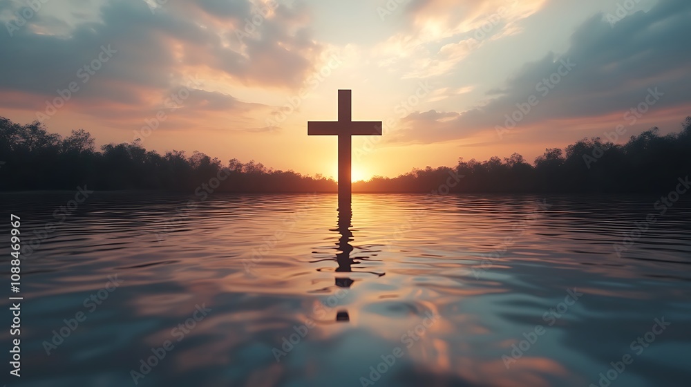 Dual exposure of a Christian cross merging with a serene lake at sunset, the warm golden and pink hues of the sky blending into the water, soft ripples forming around the silhouette, Dual exposure of a Christian cross merging with a serene lake at sunset, the warm golden and pink hues of the sky blending into the water, soft ripples forming around the silhouette,