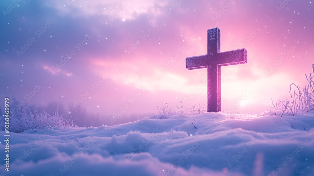 Dual exposure of a Christian cross merging with a snowy winter landscape at twilight, the cross outlined by a gentle snowfall, soft purple and blue hues reflecting off the snow, Dual exposure of a Christian cross merging with a snowy winter landscape at twilight, the cross outlined by a gentle snowfall, soft purple and blue hues reflecting off the snow,
