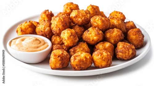 A plate of crispy sweet potato tots seasoned with smoked paprika and sea salt, Each tot golden and crunchy on the outside, soft and sweet on the inside