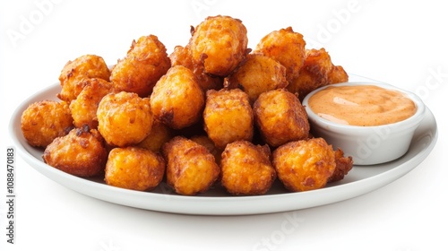 A plate of crispy sweet potato tots seasoned with smoked paprika and sea salt, Each tot golden and crunchy on the outside, soft and sweet on the inside