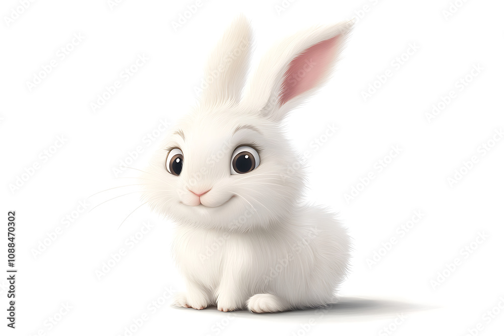 A cute, fluffy white rabbit with large eyes and ears, sitting happily. A cute, fluffy white rabbit with large eyes and ears, sitting happily.
