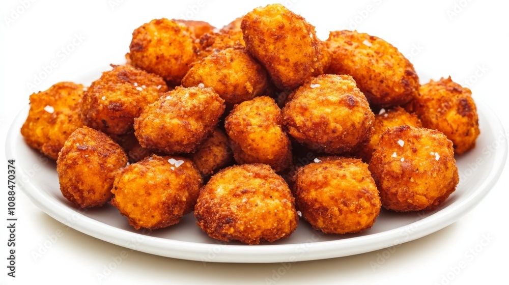 A plate of crispy sweet potato tots seasoned with smoked paprika and sea salt, Each tot golden and crunchy, Healthy and delicious snack highlighted against an isolated white background A plate of crispy sweet potato tots seasoned with smoked paprika and sea salt, Each tot golden and crunchy, Healthy and delicious snack highlighted against an isolated white background
