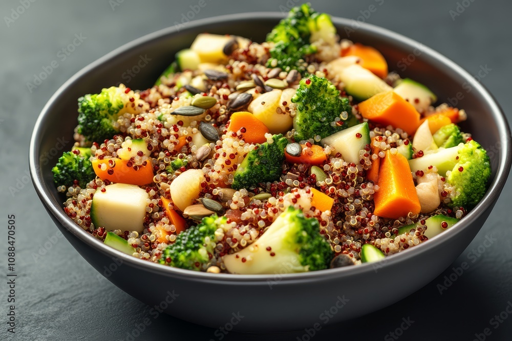 A vibrant bowl of quinoa salad with fresh vegetables like broccoli, carrots, and cucumbers, perfect for a healthy meal. A vibrant bowl of quinoa salad with fresh vegetables like broccoli, carrots, and cucumbers, perfect for a healthy meal.