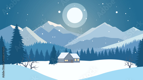 Home House in the Middle of Forest with Winter Snow Mountain and Full Moon in Night Sky
