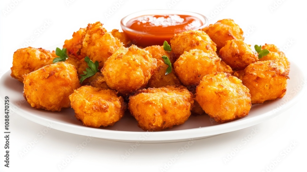 A plate of crispy sweet potato tots seasoned with smoked paprika and served with a side of sriracha mayo, Each tot golden and bursting with flavor A plate of crispy sweet potato tots seasoned with smoked paprika and served with a side of sriracha mayo, Each tot golden and bursting with flavor