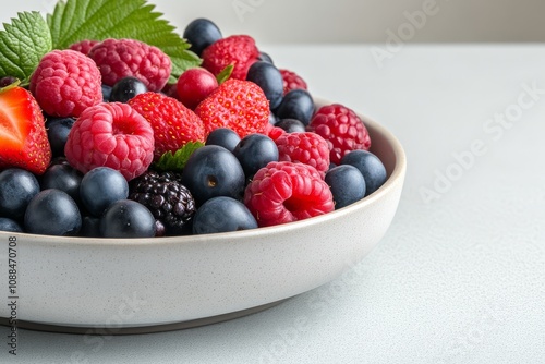 A vibrant bowl of fresh berries, including strawberries, raspberries, blueberries, and blackberries, garnished with a mint leaf.