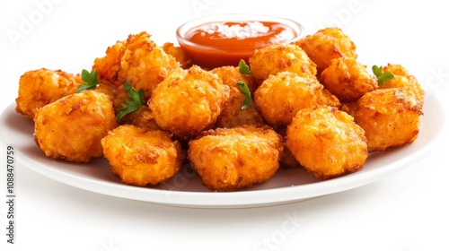 A plate of crispy sweet potato tots seasoned with smoked paprika and served with a side of sriracha mayo, Each tot golden and bursting with flavor