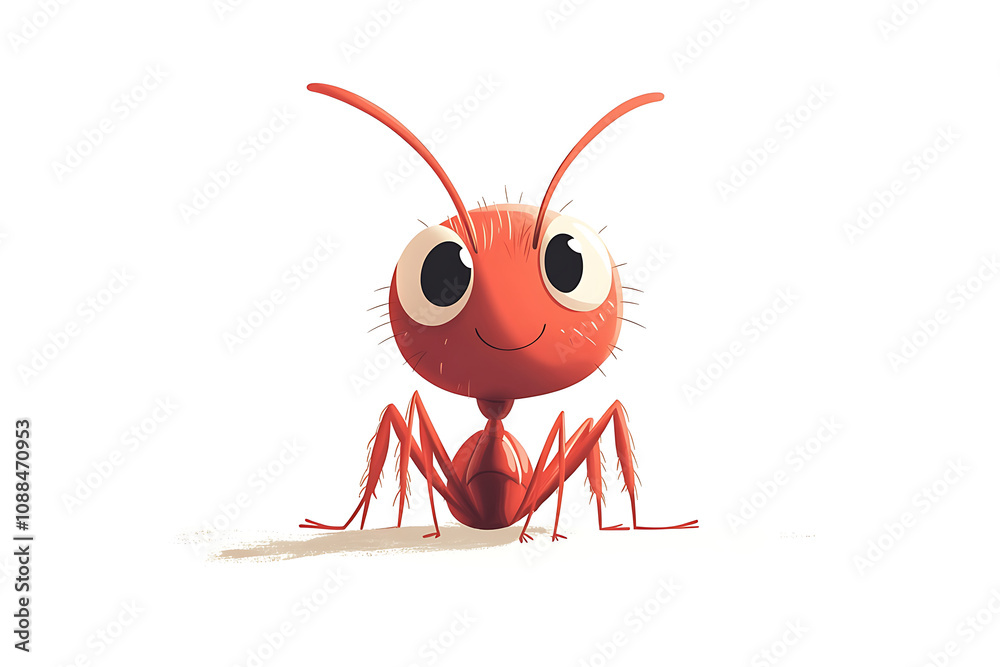 A cheerful, cartoonish red ant with large eyes, sitting playfully against a white background.