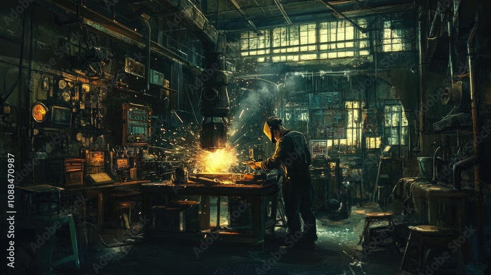 Artisan Blacksmith Working in a Dimly Lit Workshop, Crafting Metal with Sparks Flying in a Rustic Industrial Setting