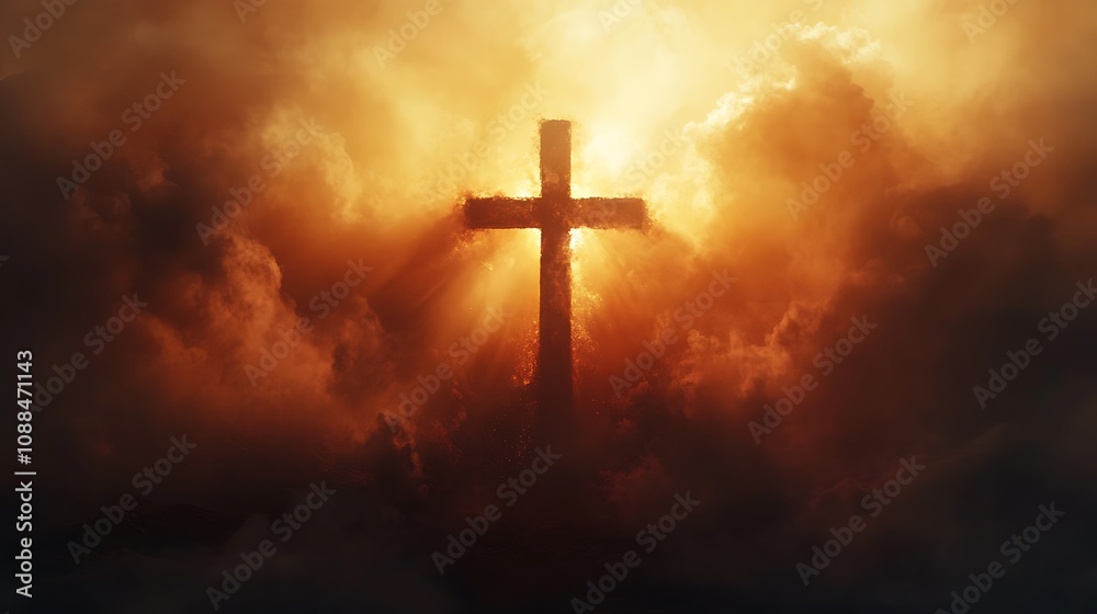 Silhouette of a Christian cross blended with intense rays of sunlight breaking through dark clouds, the light forming sharp beams around the cross, ethereal and mystical mood, vibrant golden hues, Silhouette of a Christian cross blended with intense rays of sunlight breaking through dark clouds, the light forming sharp beams around the cross, ethereal and mystical mood, vibrant golden hues,